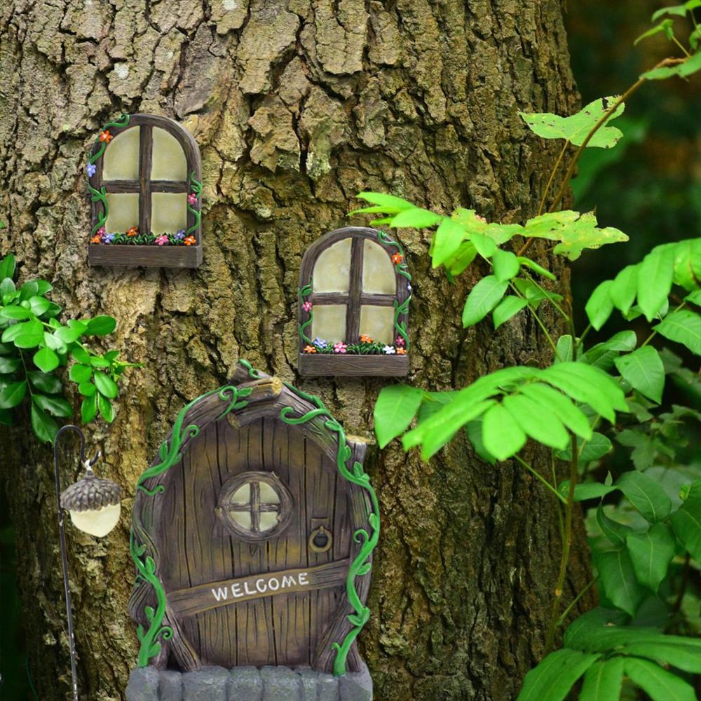 Miniature Fairy Door, Lantern and Windows Set, Glow in the Dark, polystone fairy garden accessories