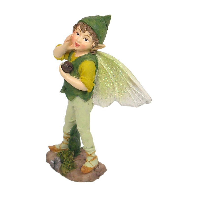 Flower Garden Boy & Girl Miniature Fairy Figurine Set, green elf figurine standing and white and pink fairy riding a unicorn