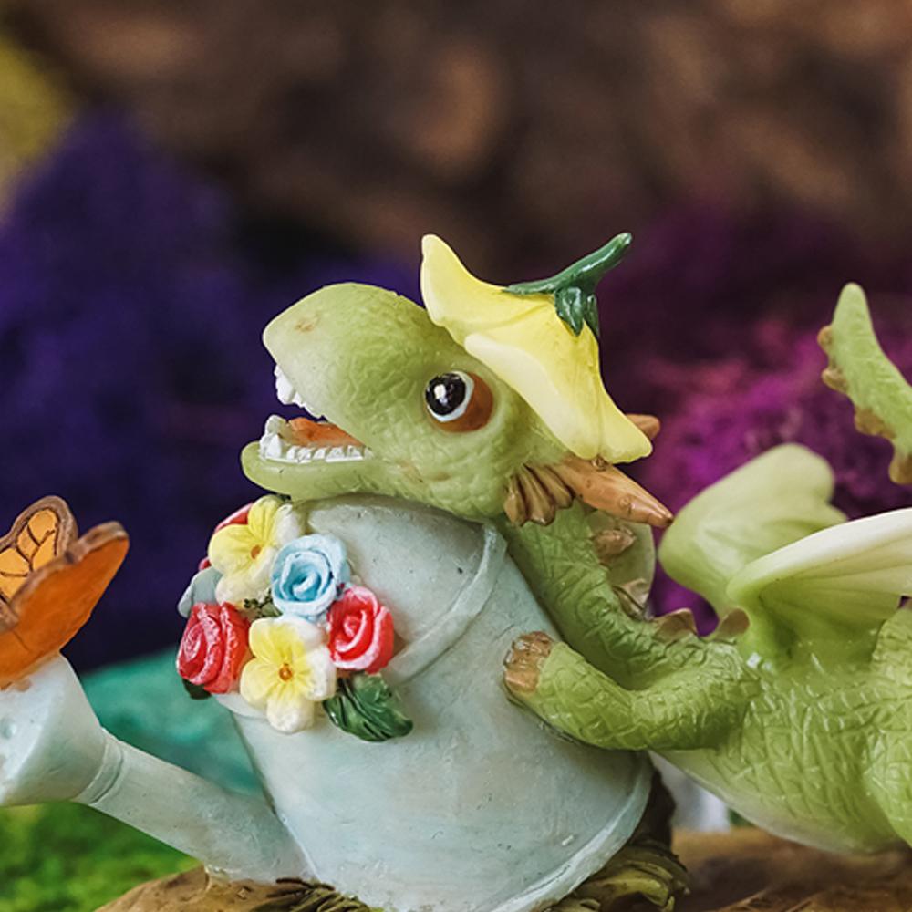 Girl Dragon with Watering Can & Butterfly, a miniataure resin dragon figurine for the fairy garden