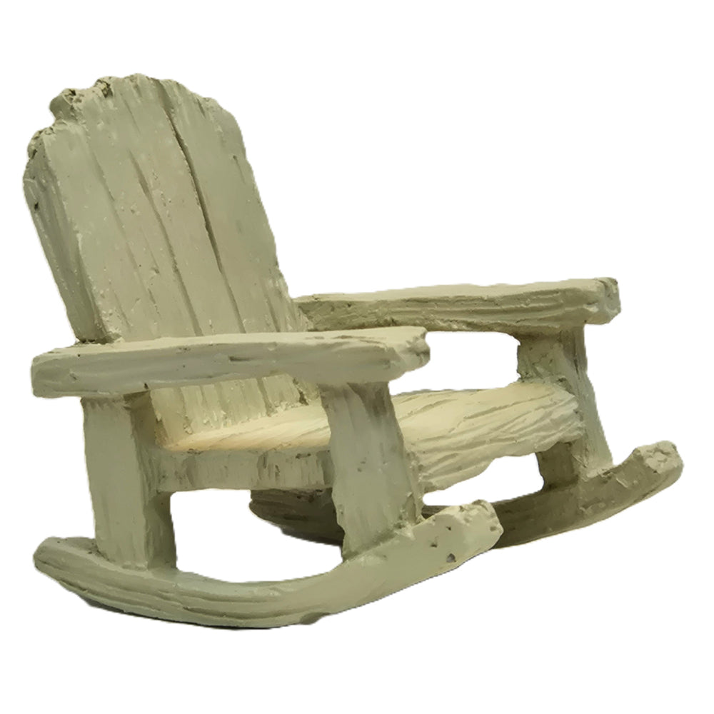 Side view of miniature fairy garden Adirondack rocking chair in weathered timber finish