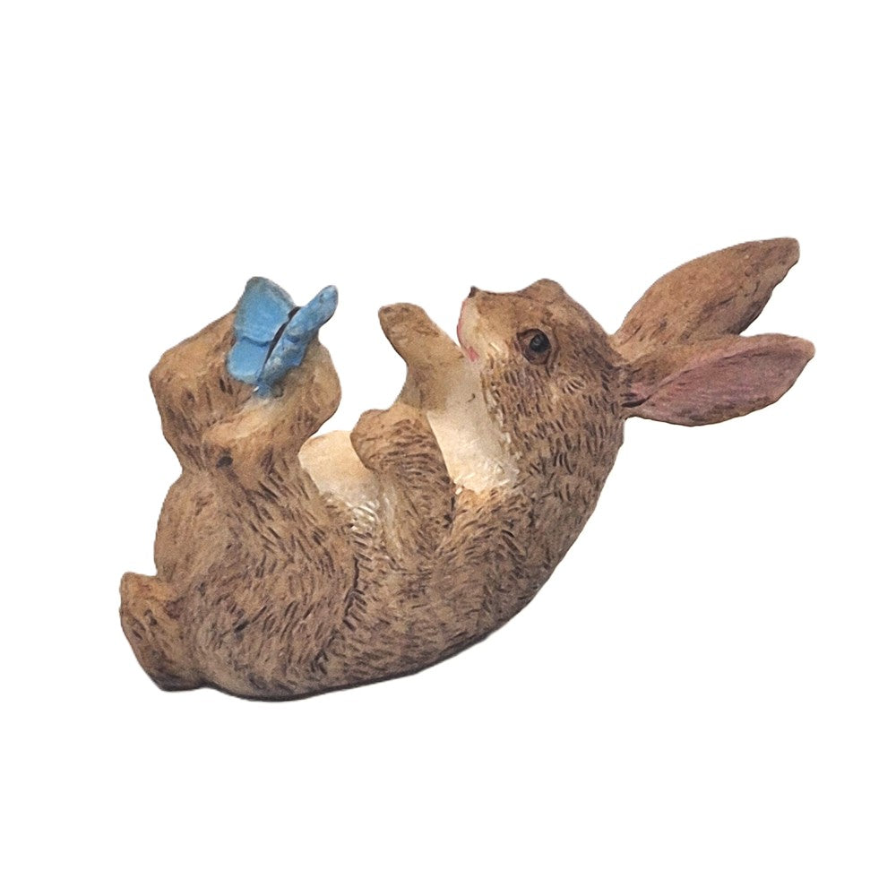 Side view of miniature bunny rabbit with blue butterfly fairy garden figurine - Earth Fairy