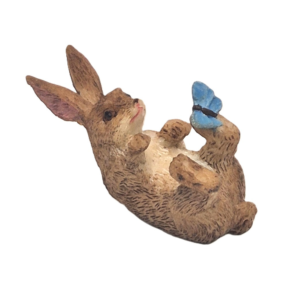 Hand painted resin bunny rabbit 5cm lying on back with butterfly - Willow Collection Earth Fairy