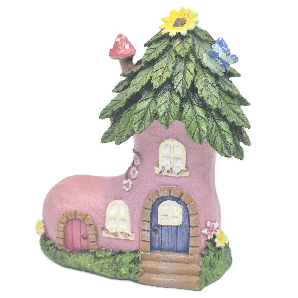 Pink fairy boot house mini with layered leaf roof sunflower butterfly and toadstool - Earth Fairy