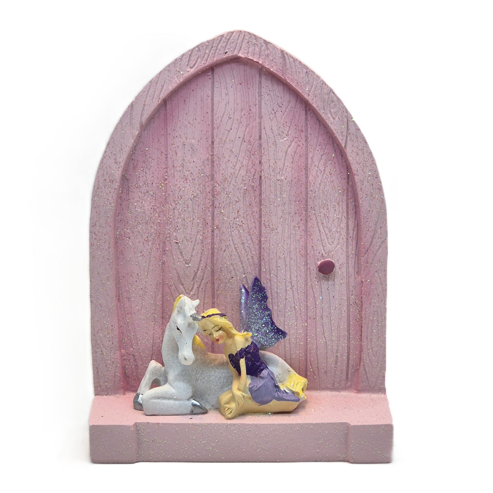 Pink glitter arched fairy door with purple winged fairy and white unicorn - Earth Fairy
