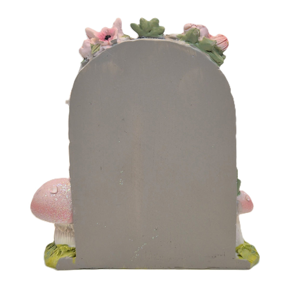 Rear view of pink stone arch fairy door with mushrooms showing plain back - Earth Fairy