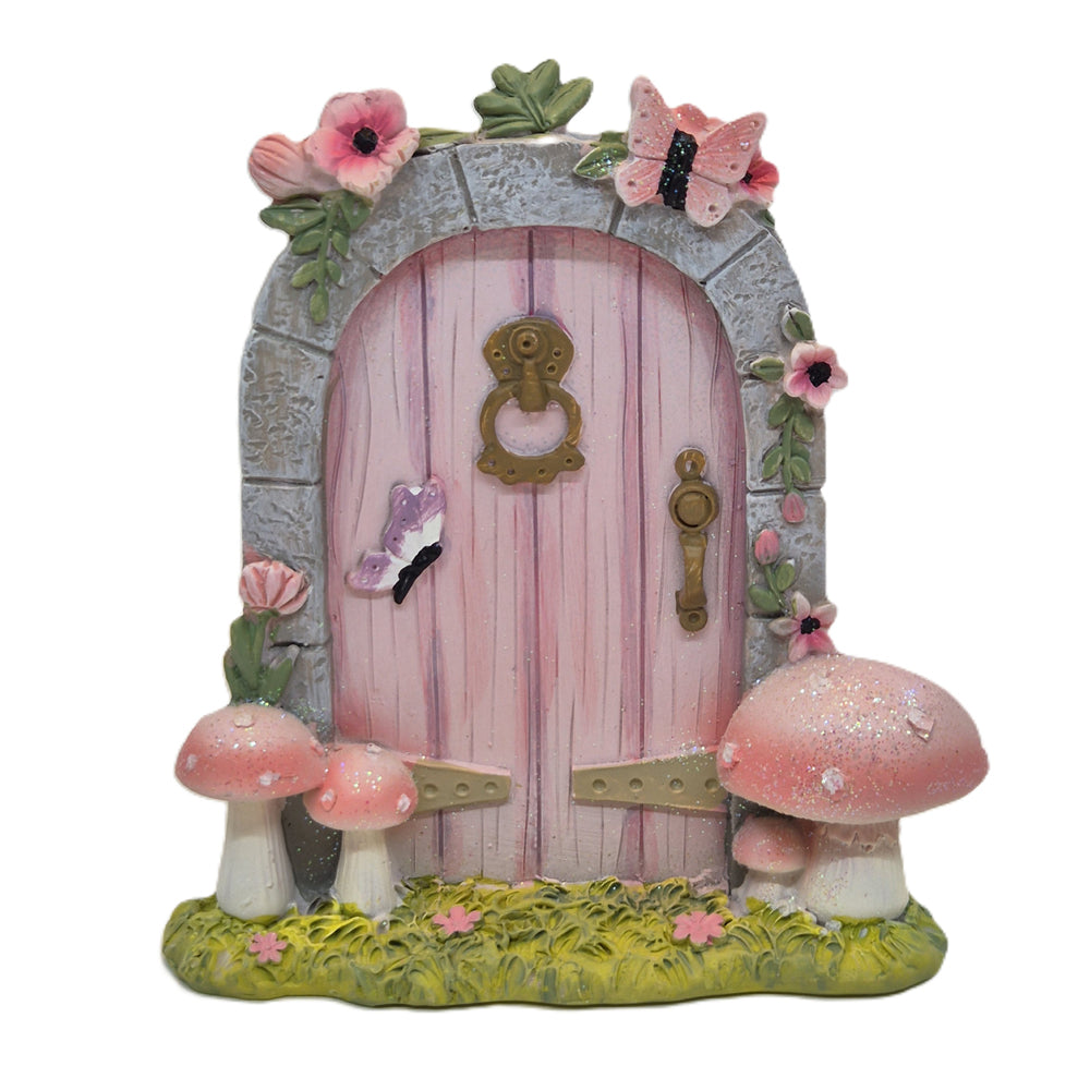 Pink stone arch fairy door with toadstools butterflies brass knocker and climbing flowers - Earth Fairy