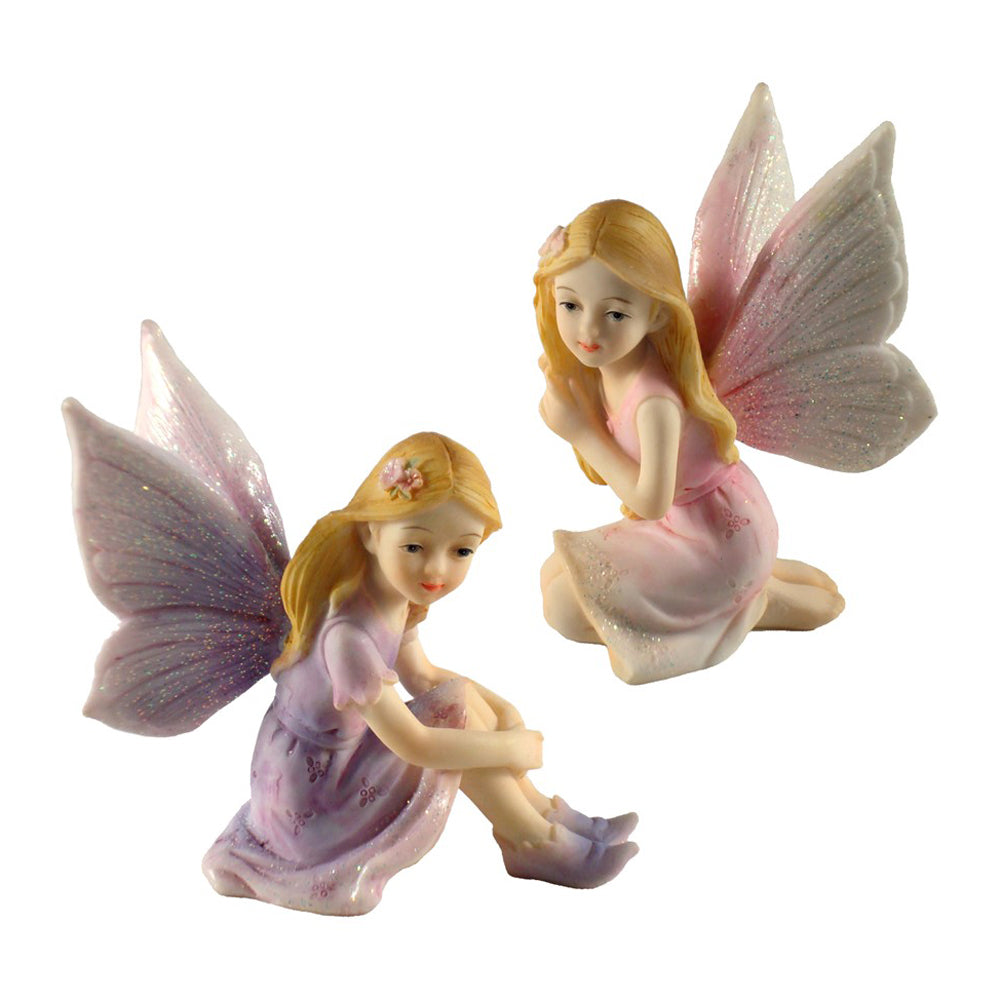 Set of two sitting glitter fairy figurines in pink and lilac with butterfly wings - Earth Fairy