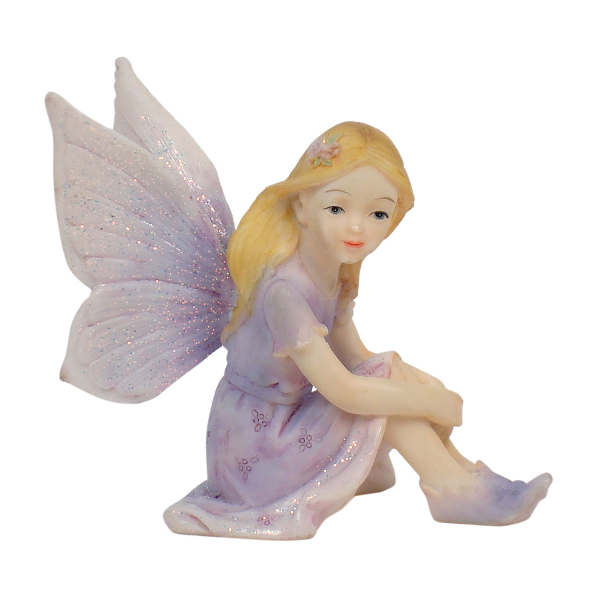 Lilac sitting fairy figurine with glitter wings and floral dress - Willow Collection Earth Fairy