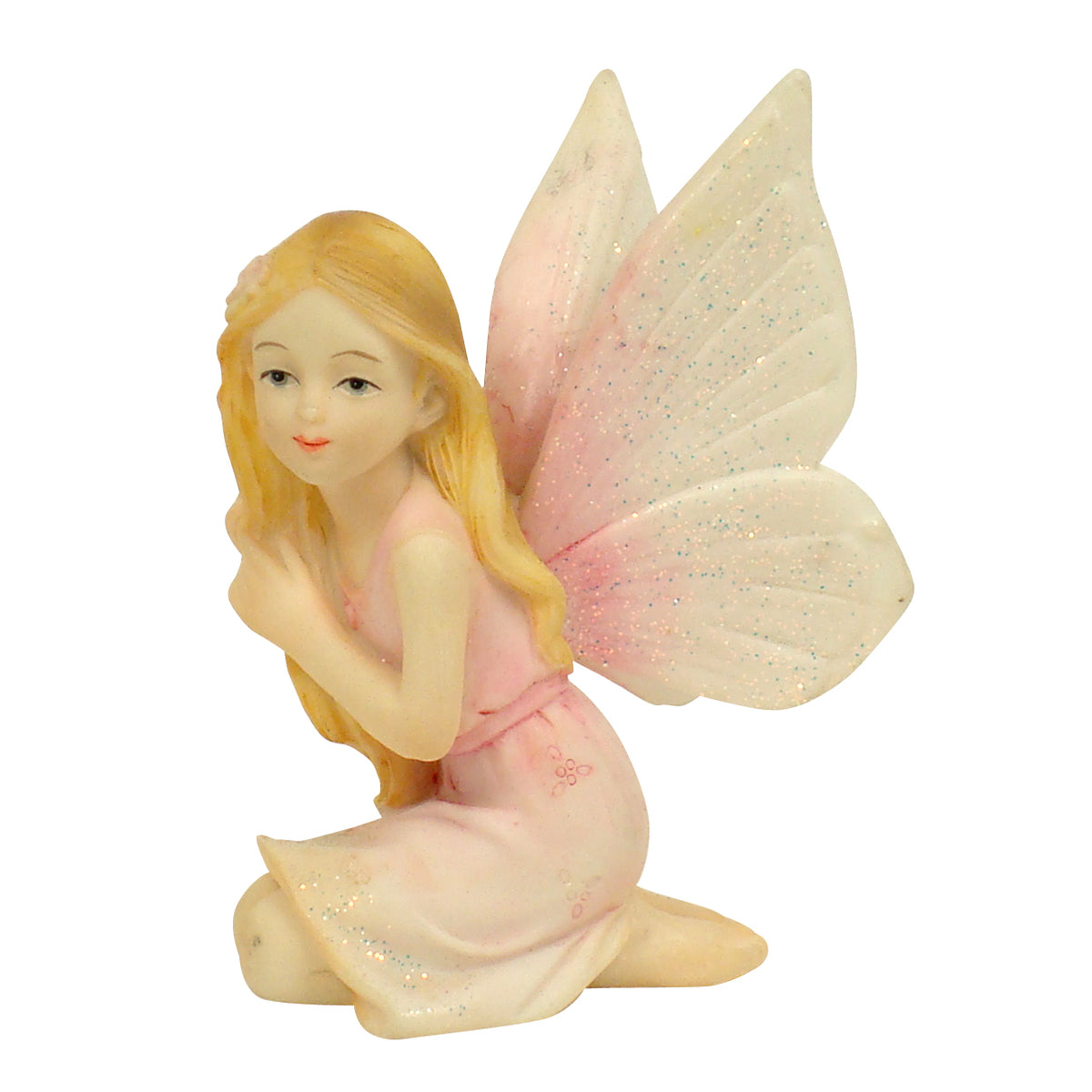 Pink sitting fairy figurine with shimmering butterfly wings - fairy garden ornament Earth Fairy