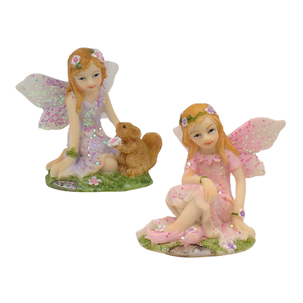 Set of two mini sitting fairy figurines in pink and lilac with glitter wings - Earth Fairy