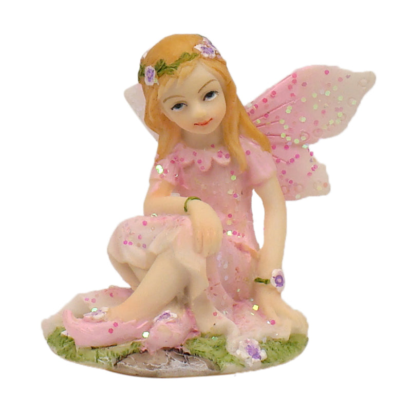 Pink mini sitting fairy figurine with glitter dress and wings - Willow Collection Earth Fairy