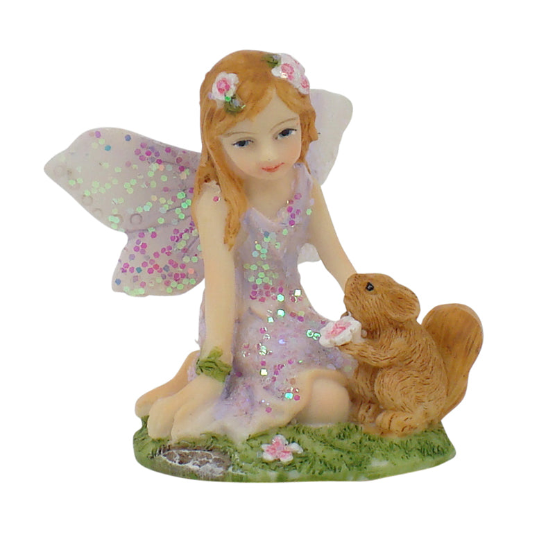 Lilac mini fairy figurine with squirrel companion and glitter wings - fairy garden ornament