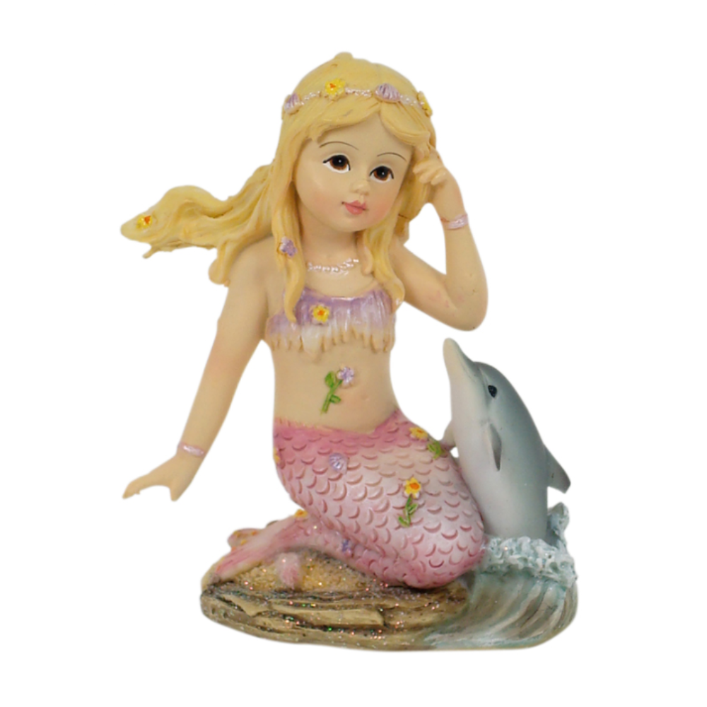 Pink tail mermaid figurine with dolphin companion on sandy shoreline base - Earth Fairy
