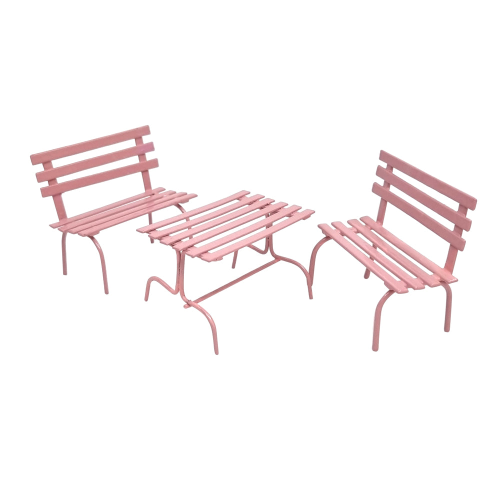 Pink Metal Park Bench Furniture Set 3pc Fairy Garden Furniture