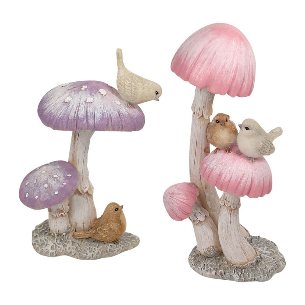 Pastel Mushrooms with Little Birds - Set of 2 Fairy Garden Mushrooms The Flower Garden Collection 