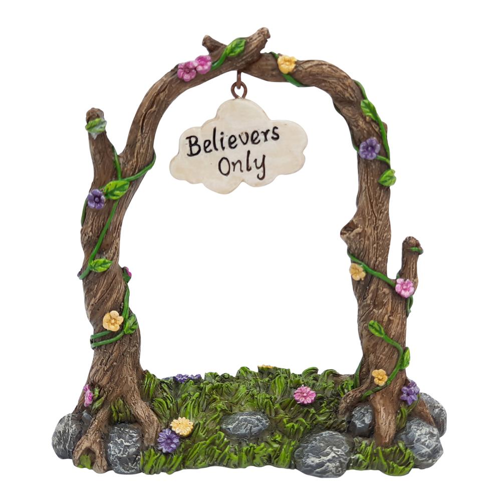 Believers Only Garden Arch, a miniature garden arch for the fairy garden, crafted from twisted branches entwined with flowers