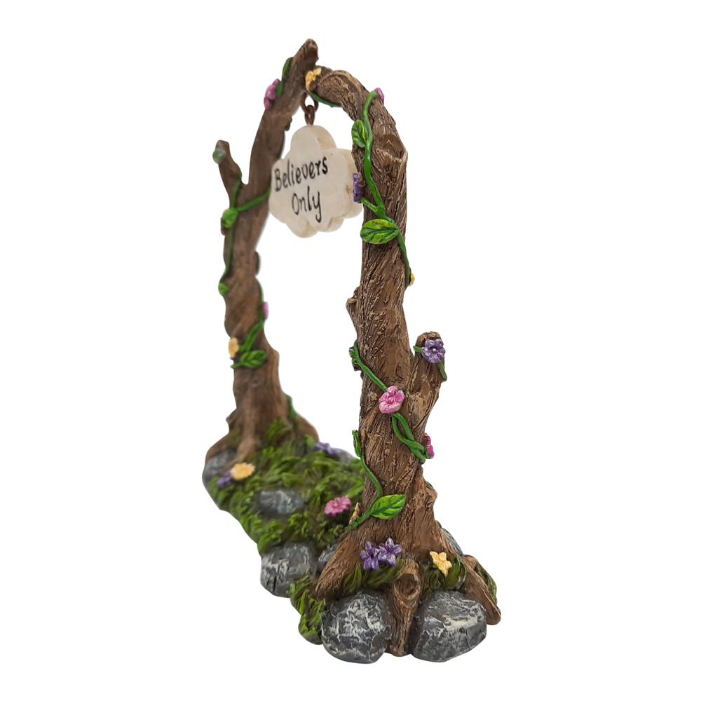 Side view of the Believers Only Garden Arch, a miniature garden arch for the fairy garden, crafted from twisted branches entwined with flowers