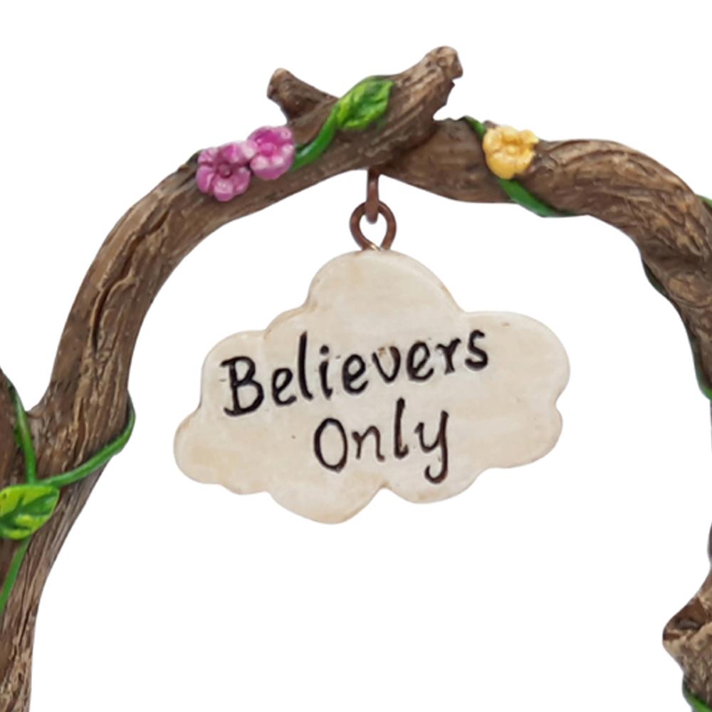 Close Up view of the Believers Only Garden Arch, a miniature garden arch for the fairy garden, crafted from twisted branches entwined with flowers