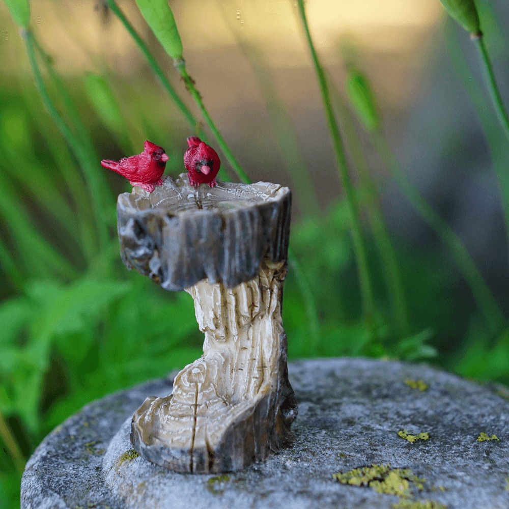 Fairy Gardens Mini Stump Bird Bath with Cardinals Earth Fairy