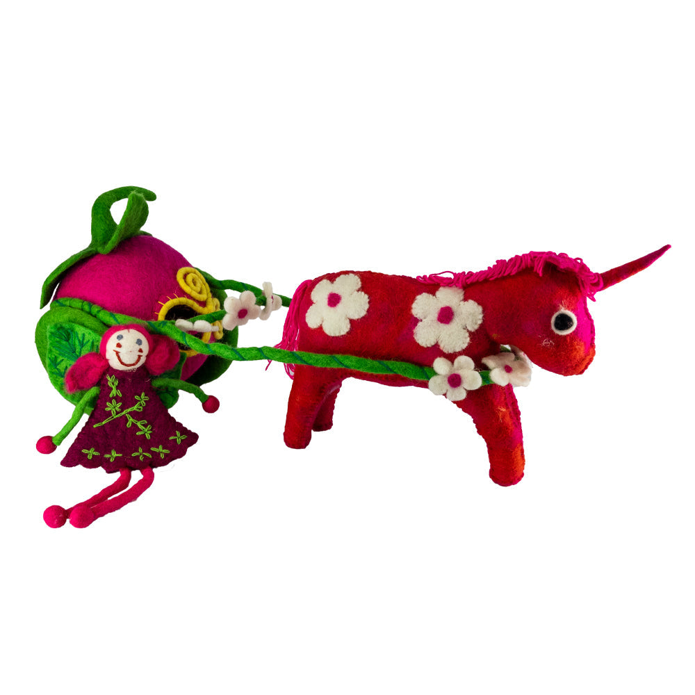 Candy Pink Unicorn Drawn Carriage Wool Felt Toys Earth Fairy 