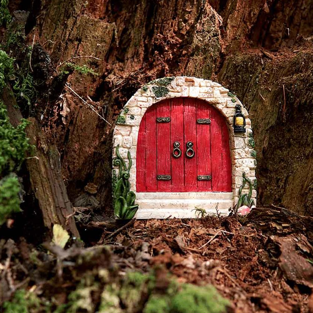 Cobblestone Red Magical Fairy Door, a resin miniature fairy door for the garden