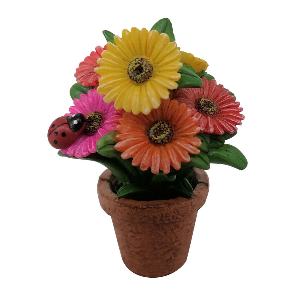 Miniature Daisy Pot, Bright Flowers, a pot of bright daisies with a ladybird on a flower in a terracotta pot