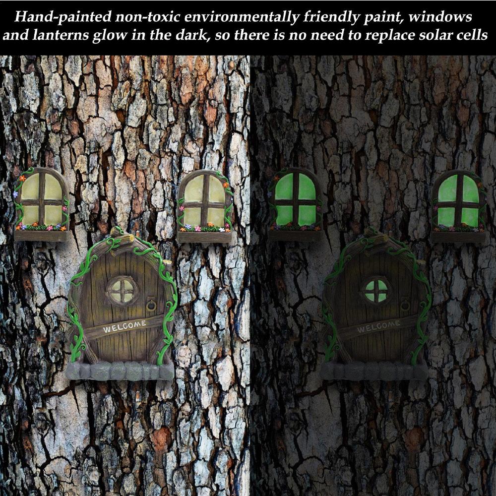 Miniature Fairy Door, Lantern and Windows Set, Glow in the Dark, showing comparison between night and day views