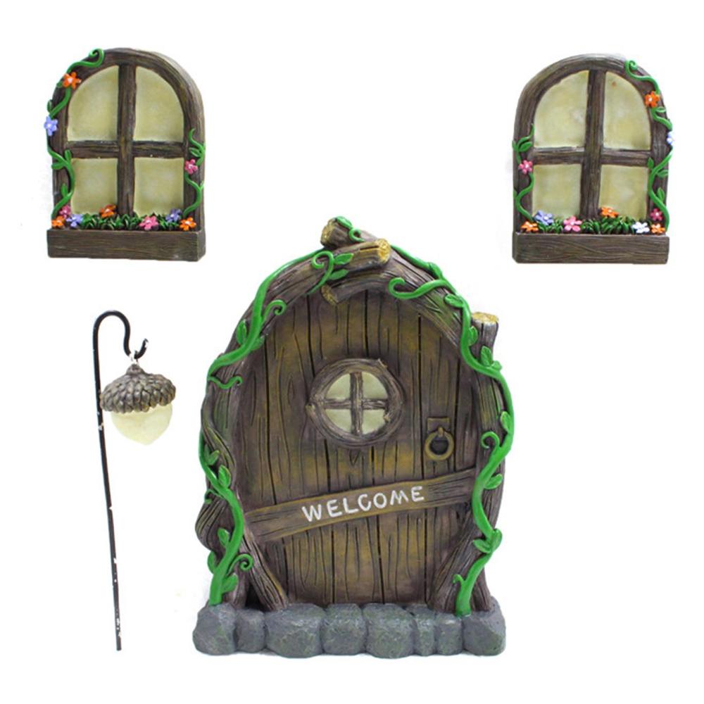 Miniature Fairy Door, Lantern and Windows Set, Glow in the Dark, polystone fairy garden accessories