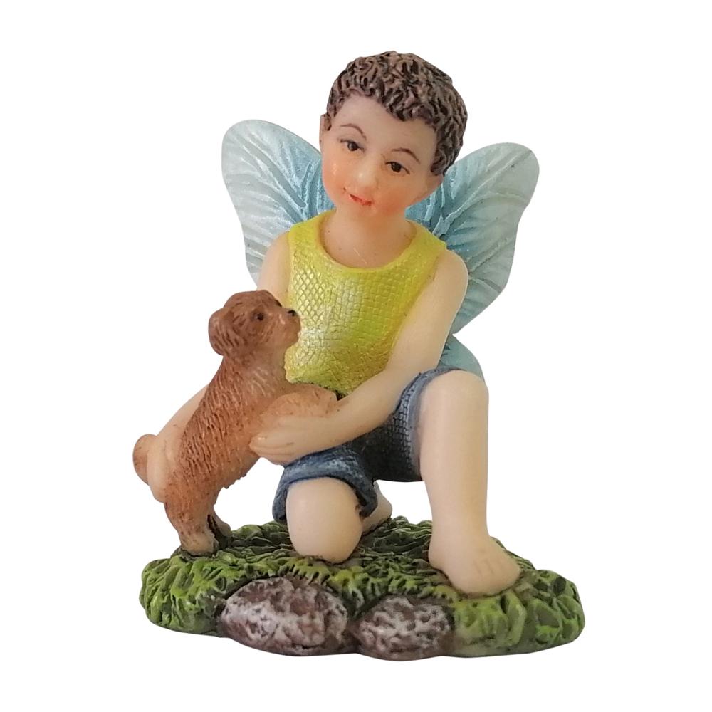 Fairy Jordan with Puppy, a miniature resin fairy garden figurine depicting a boy fairy with his dog