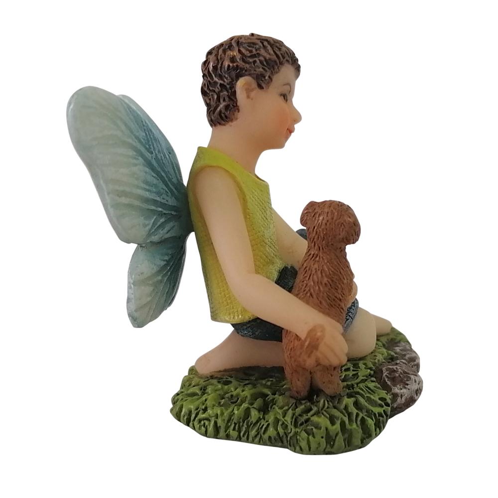 Side view of Fairy Jordan with Puppy, a miniature resin fairy garden figurine