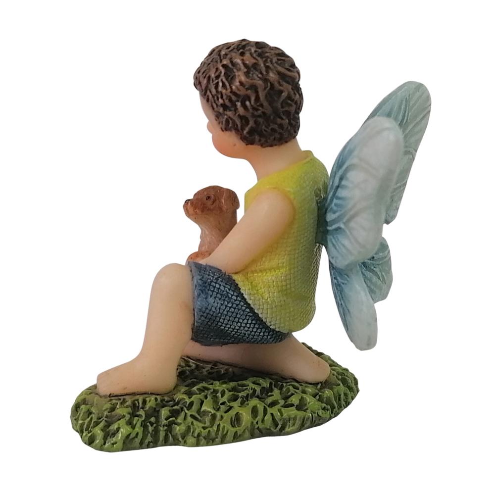 Side view of Fairy Jordan with Puppy, a miniature resin fairy garden figurine