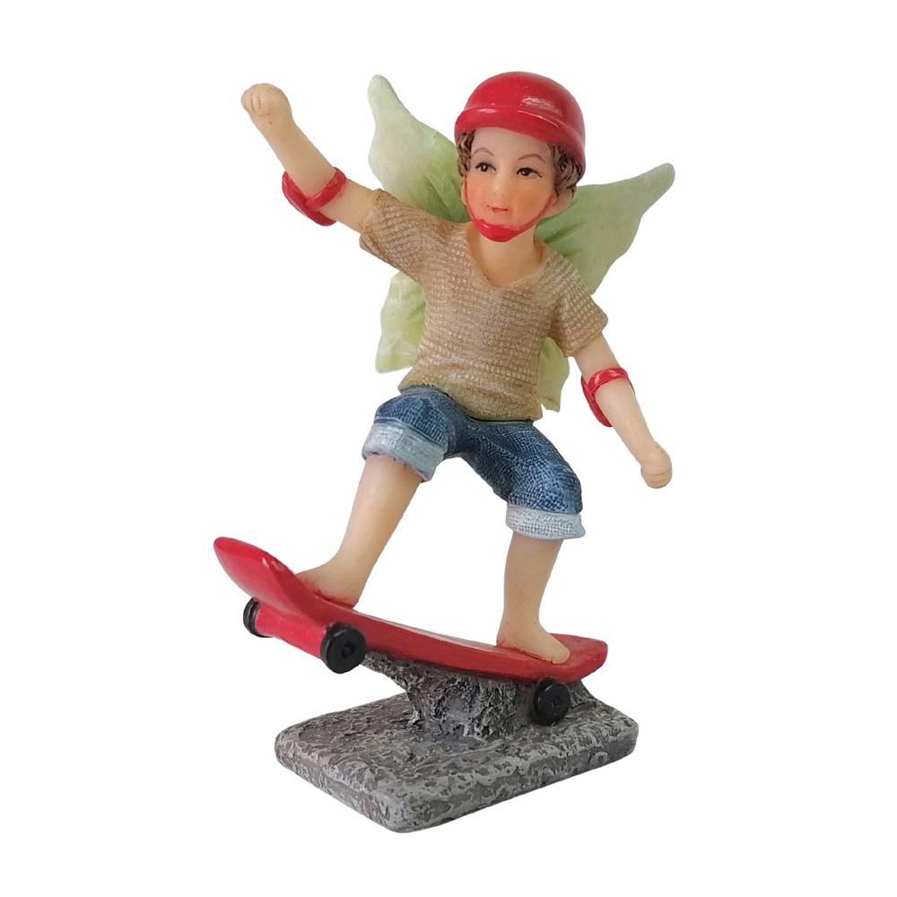 Fairy Noah Riding a Skateboard, a resin fairy garden figurine depicting a boy fairy on a skateboard