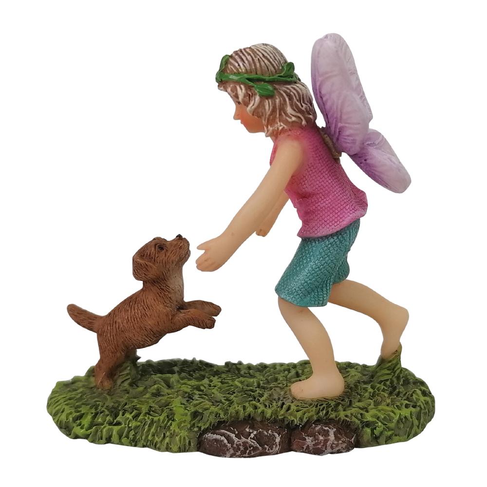 Side View of Fairy Sophia with Puppy, a miniature resin fairy garden figurine
