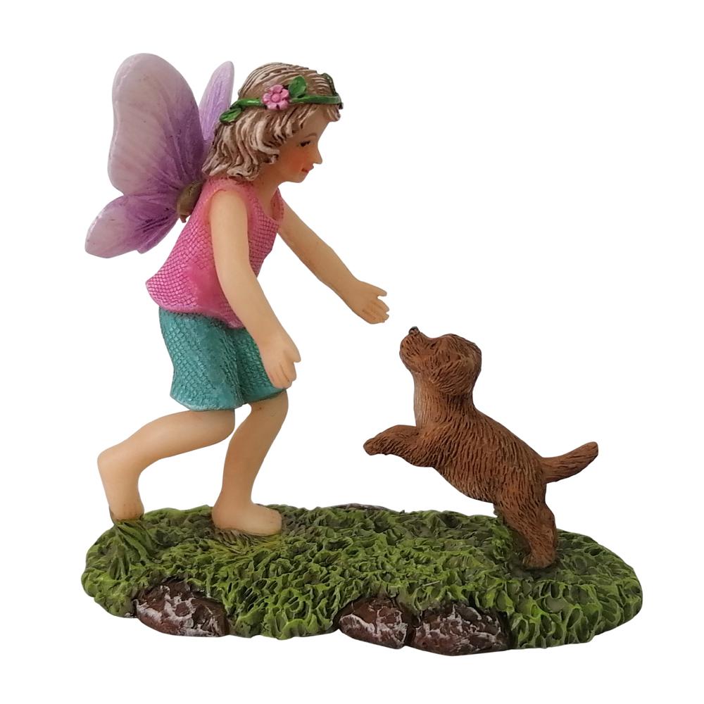 Fairy Sophia with Puppy, a miniature resin fairy figurine for the garden or home decor