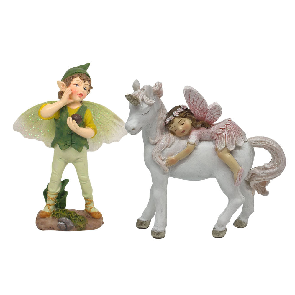 Flower Garden Boy &amp; Girl Miniature Fairy Figurine Set, green elf figurine standing and white and pink fairy riding a unicorn