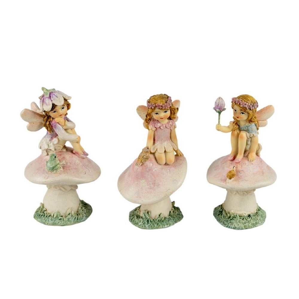 Flower Garden Fairies on Mushrooms - Pastel - Set of 3 Miniature Figurines