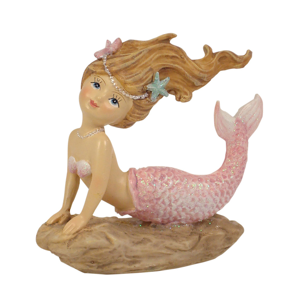 Flower Garden Mermaid on a Rock, miniature mermaid figurine lying down upon a small rock with a pink glitter tail