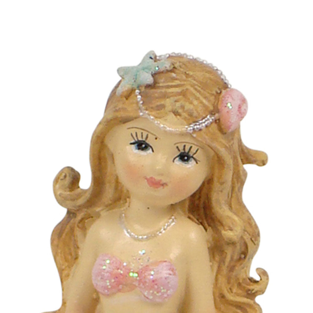 Flower Garden Mermaid Sitting on a Nautilus Shell Miniature Figurine, with pink glitter tail and golden hair