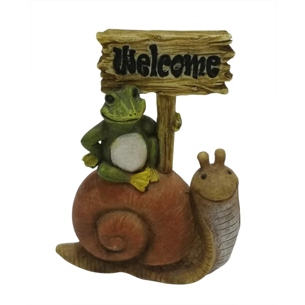 Frog &amp; Snail Welcome Sign, miniature resin fairy garden accessory depicting a frog on a snail&#39;s back holding a welcome sign