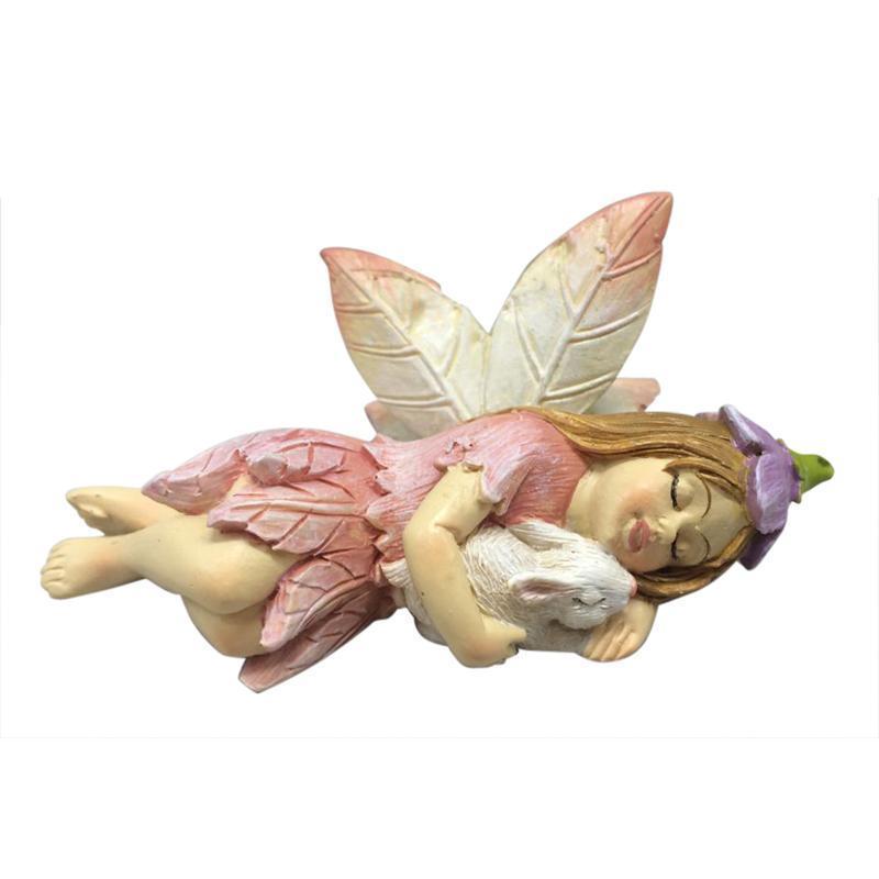 Miniature Garden Fairies with Animals, showing the Pink Fairy Sleeping with a Rabbit
