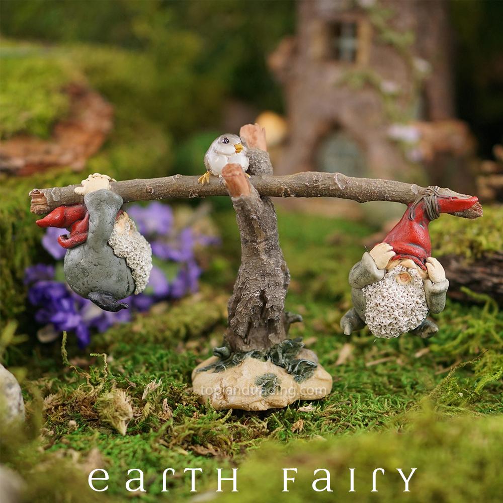 Garden Gnomes Playing on Seesaw, Garden Setting, from The Miniature Gnome Figurine Collection by Earth Fairy