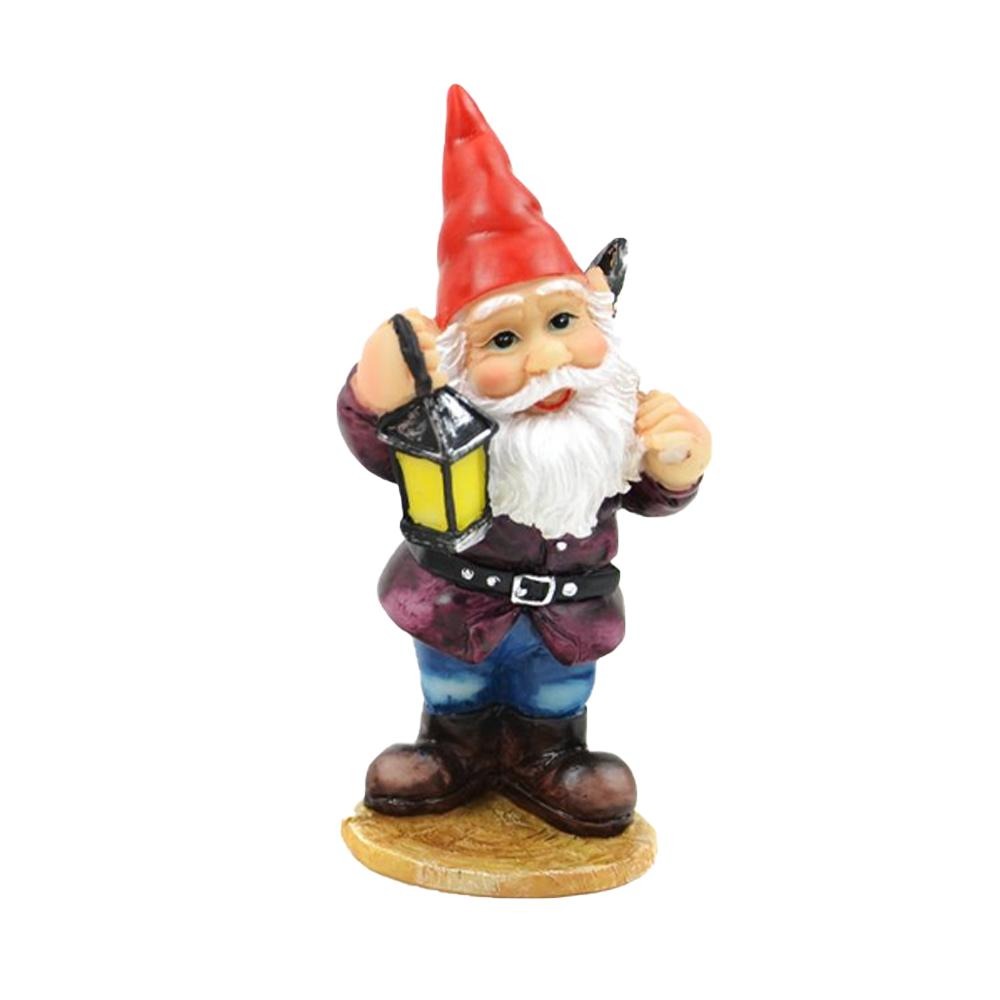 miniature polyresin gnome figurine, brown boots, blue pants, purple coat and red hat, posed standing, carrying a pick and a lantern