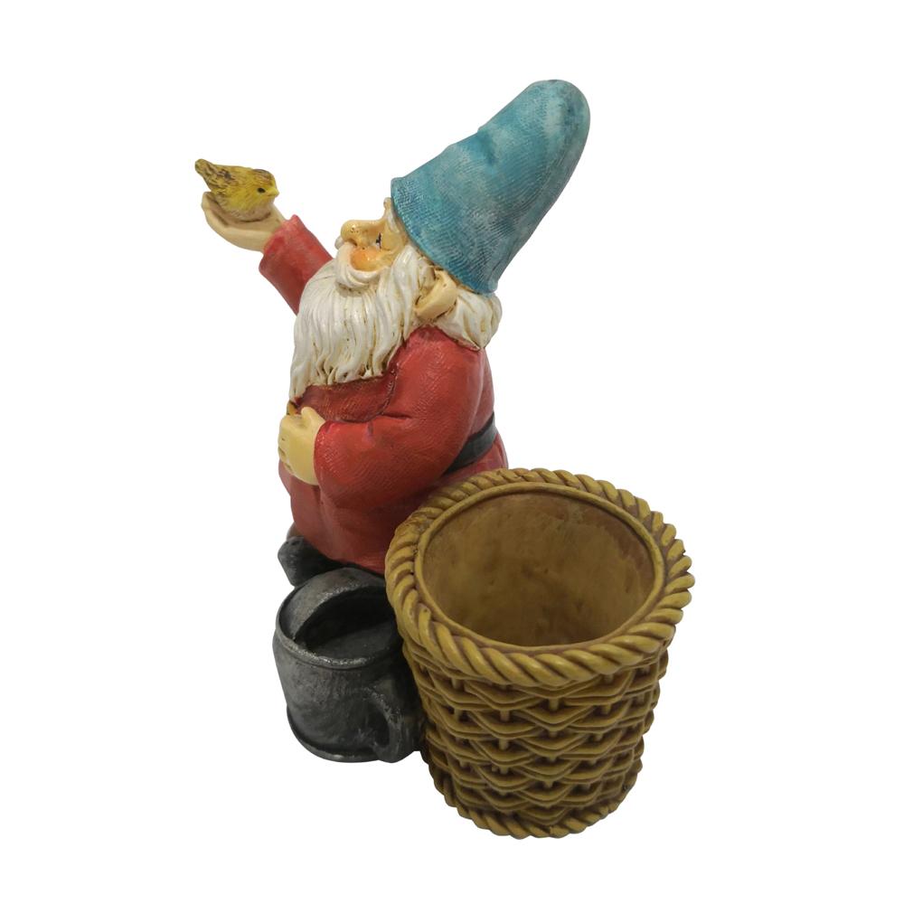 Side View of Miniature Gnome with Basket Planter, a resin fairy garden figurine