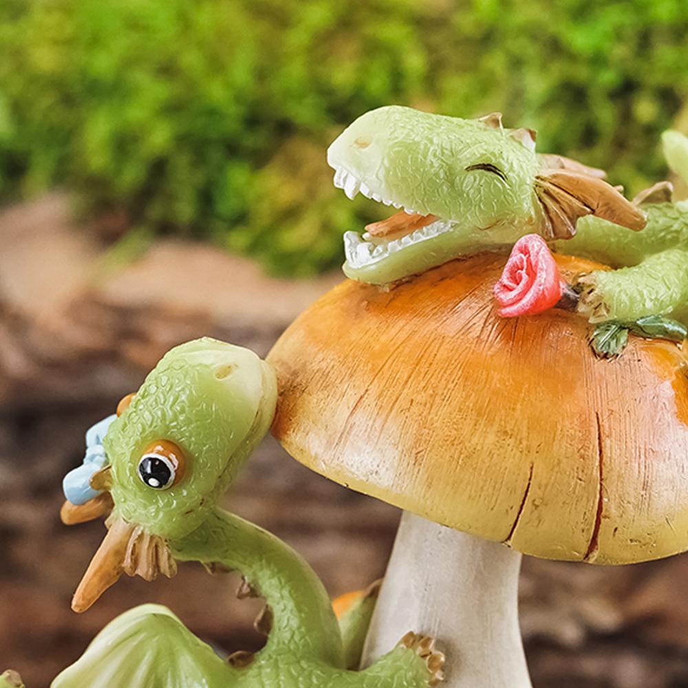 Green Dragons Frolicking on a Mushroom, a miniature resin dragon figurine