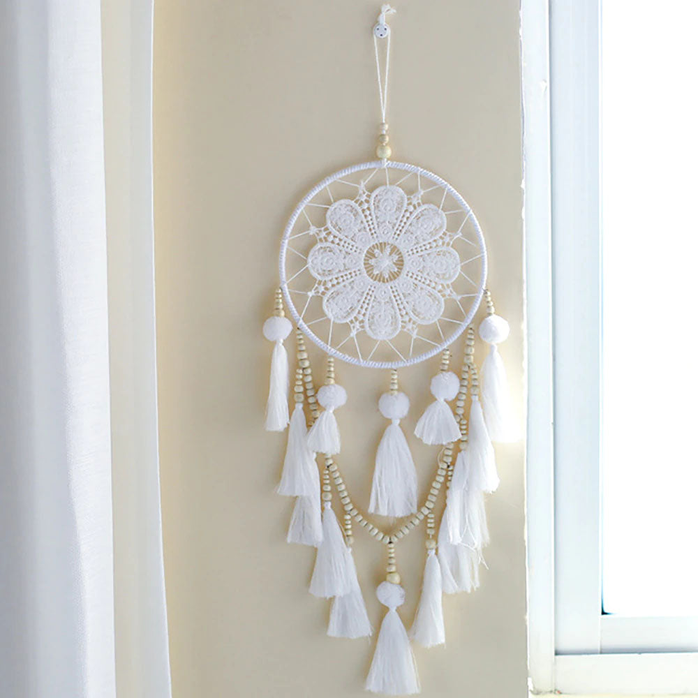 Lace Dream Catcher with Beads &amp; Pom Poms