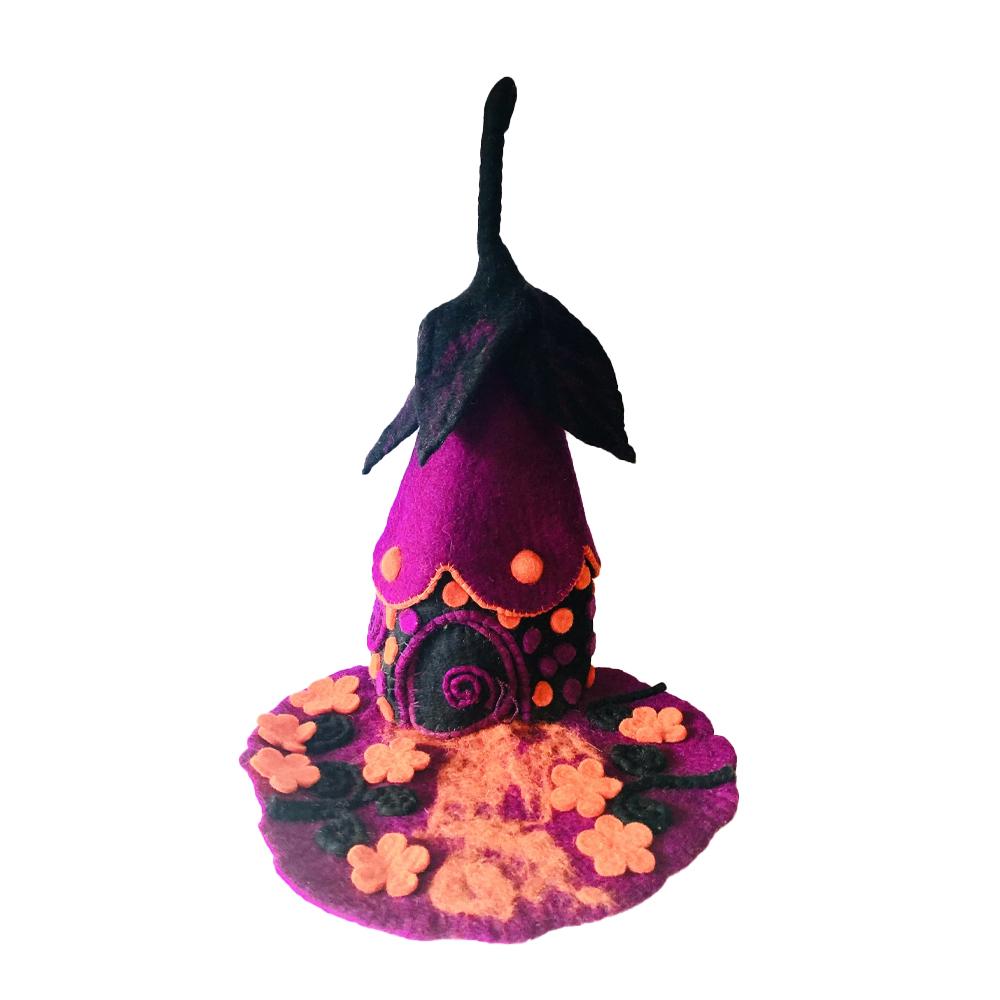 Magical Faery Home, a fairy house crafted from felt, in purple and pink tones, displayed on a white background