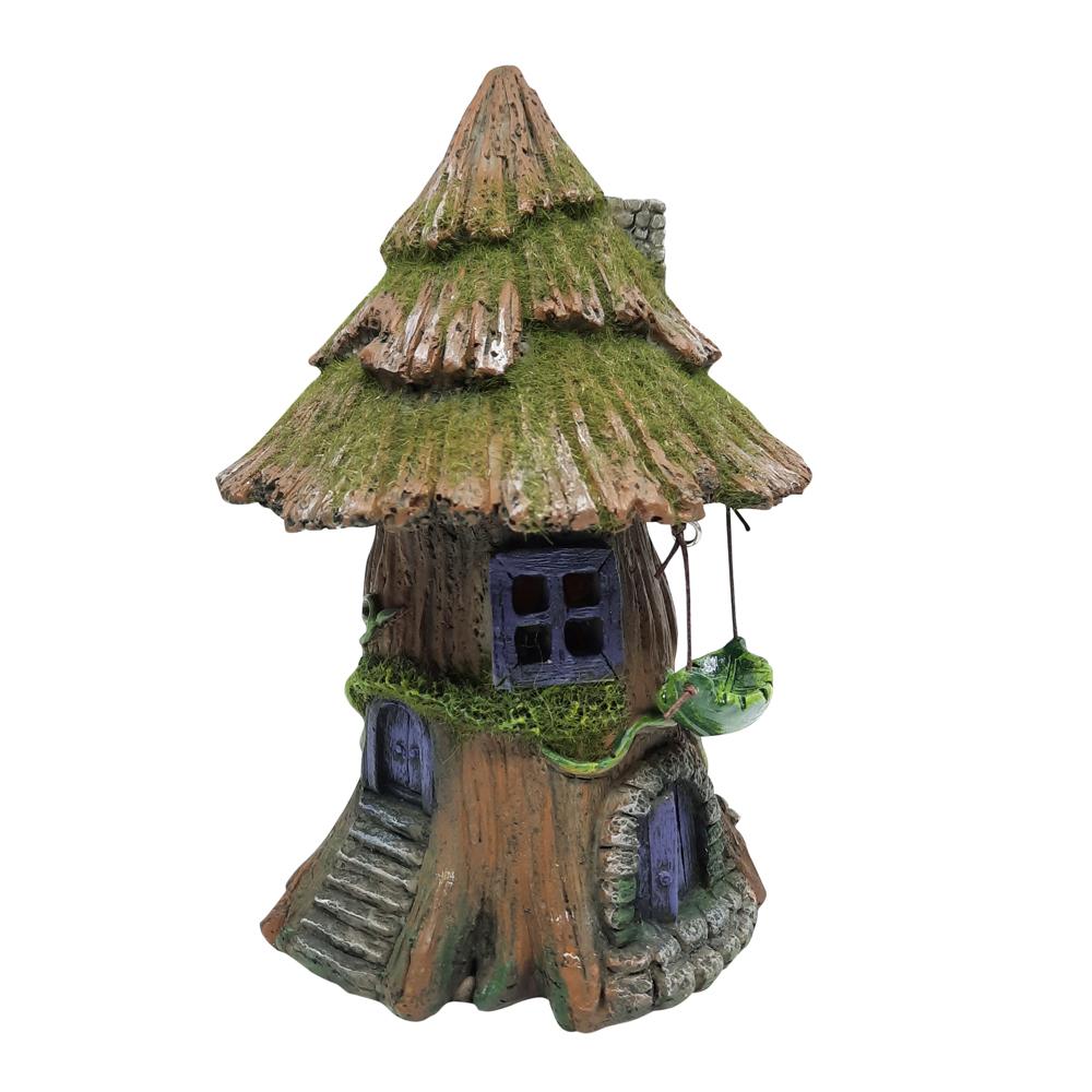 Moss Tree House with Hammock - Solar, a miniature fairy house for the garden with mossy wooden roof and purple arched door, and a small hammock hanging to the side