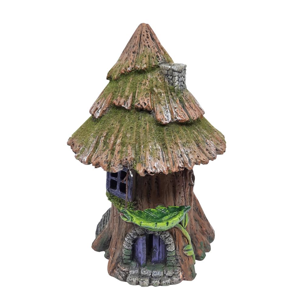 Overhead view of Moss Tree House with Hammock - Solar, a miniature fairy house for the garden with mossy wooden roof and purple arched door, and a small hammock hanging to the side