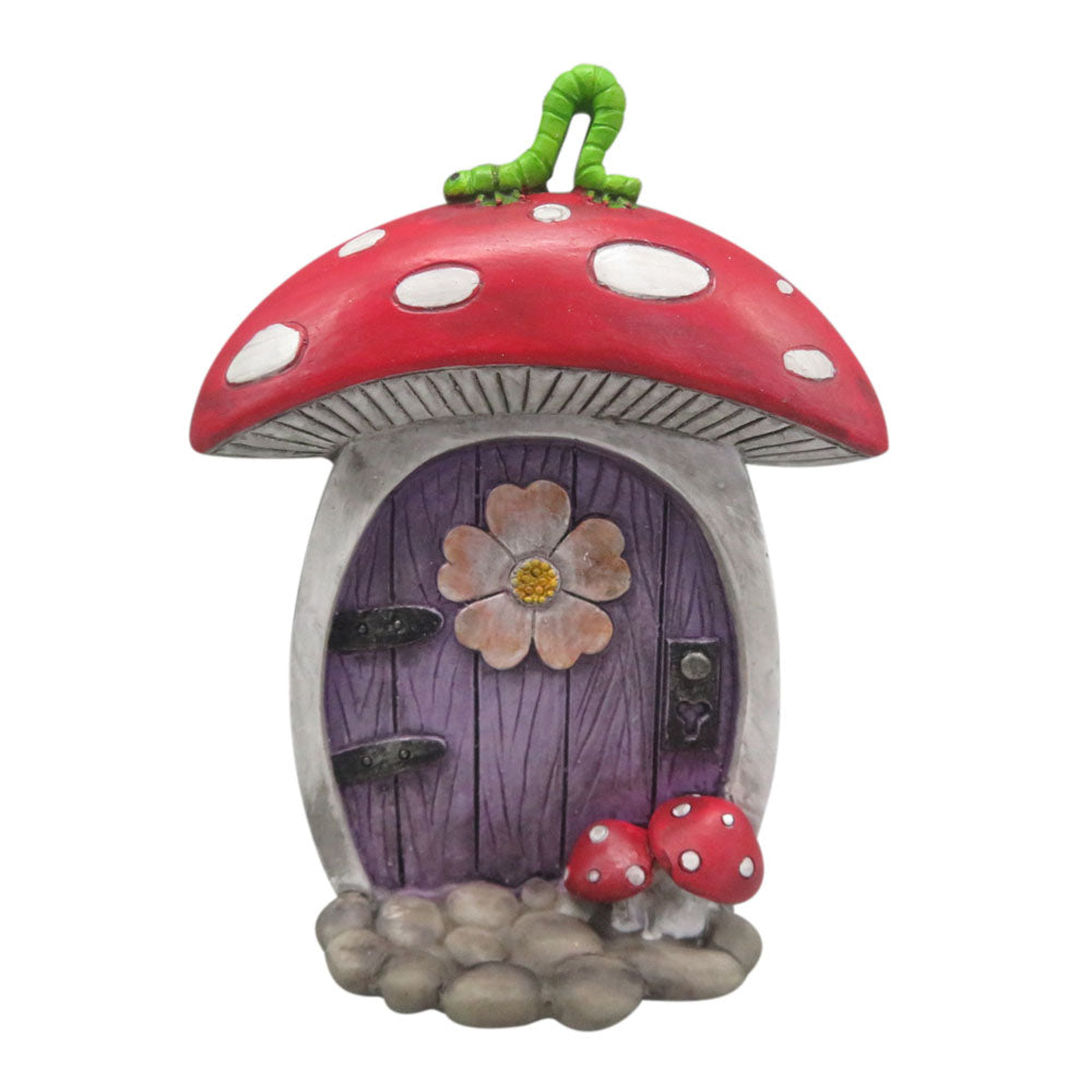 Mushroom Fairy Door - Miniature Fairy Door with red roof, and little caterpillar on top