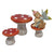 Mushroom Furniture Setting, a miniature mushroom shaped dining setting for a fairy garden, featuring table and chairs with red mushroom tops with white dots, and white mushroom bases